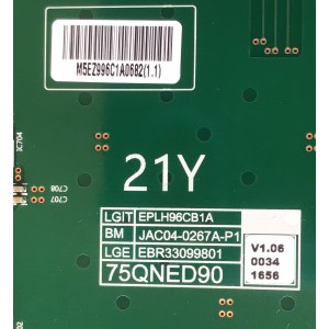 LED DRIVER PARA TV LG / NUMERO DE PARTE EBR33099801 / 3PCR02958A / EPLH96CB1A / JAC04-0267A-P1 / M5EZ996C1A0682(1.1) / DISPLAY HV750QUB-E7D / MODELO 75QNED90UPA.AUDFLJR / 75QNED90PA